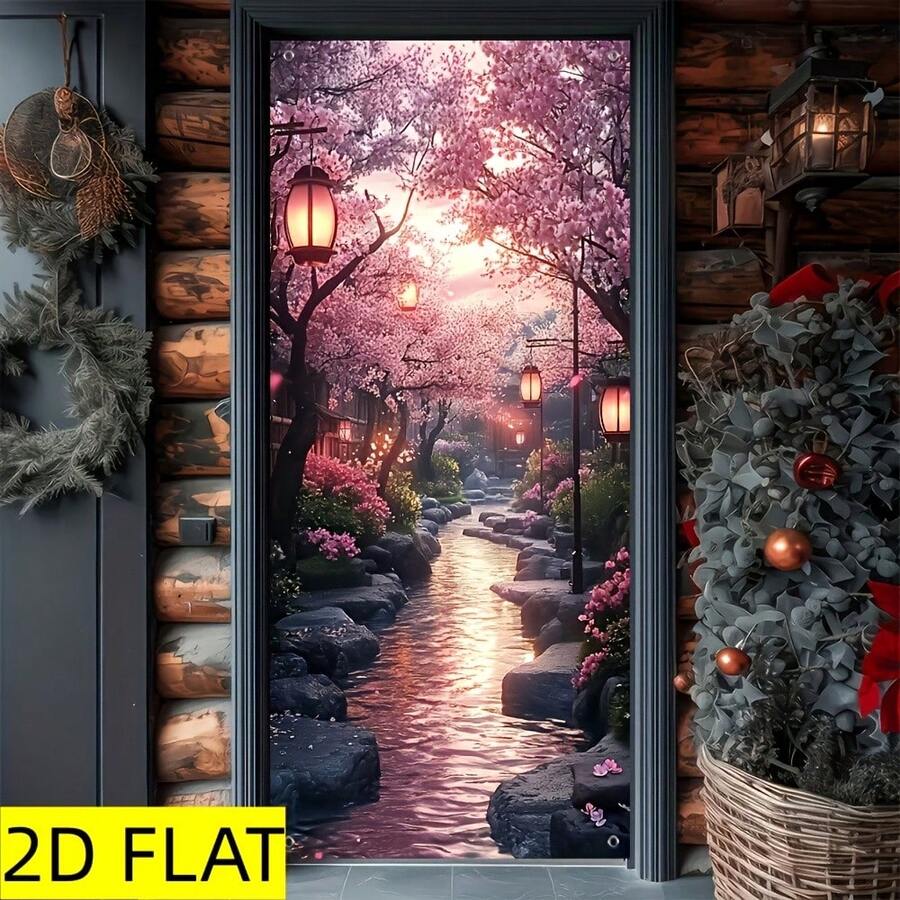 1件装2D平面樱花图案窗帘 - 可水洗涤纶面料，宁静的日式风格，饰有盛开的樱花树和灯笼图案，适合季节性派对 - 9 - 查看 1