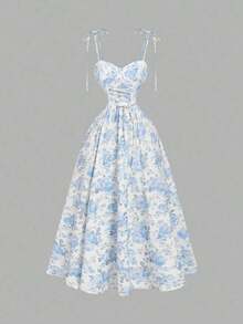 Vestido de largo medio con estampado floral y nudo delantero, para primavera/verano - Celeste - Ver 5