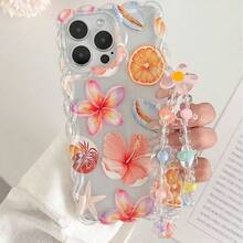 1pc Ocean Elements Starfish, Turtle, Jellyfish, Hibiscus, Coral, Dolphin Pattern Wave Knitted Floral Chain Silicone Shockproof Transparent Phone Case Compatible With IPhone 11/12/13/14/15 Pro Max - Multicolor - View 2