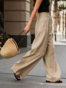 Holidaya Women's Solid Color High Waist Loose Wide Leg Pants, Stylish Fashion Outfit Suitable For Spring, Summer, Autumn And Winter, Appropriate For Vacation, Going To Work, Daily Wear, Showing Graceful Elegance, Suitable For Parties, Beach, Romantic Dates, Casual And Elegant For Going To Work, Versatile For Daily Wear - 杏 - 查看 4