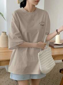 Women's Loose-Fitting, Casual Summer T-Shirt With Letter Print, Bow Detail, Round Neck, And Drop Sleeves. Cute, Oversized Graphic Tee. Y2K Style,  Style, New For 2026, Cute Style, Casual Style. 180g (Sizes S-XXXL) - 杏 - 查看 8