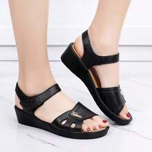 Women's Summer Sandals - Casual Solid Color, Breathable Hollow-Out Design, Hook And Loop Closure, Flat Heel Beach Shoes, Versatile Flat Sandals | Comfortable Fit - Black - View 5