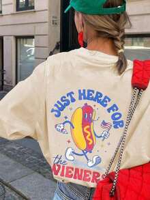Nueva Camiseta Casual de Verano con Estampado de Pan de Hot Dog, Cuello Redondo y Manga Corta, Moderna y Versátil para Mujer - Albaricoque - Ver 4
