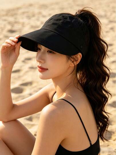 Ladies Wide-Brimmed Seamless Ponytail Sun Hat, Foldable Beach Sun Hat, UV Protection, Suitable For Young Women And Girls; Ladies Wide-Brimmed Straw Braided Rolled Brim Ponytail Golf Sun Hat, UV Protection, Soft Hat, Foldable Beach Sun Hat; Summer Ladies Wide-Brimmed UV Protection Foldable Beach Baseball Cap, Unisex