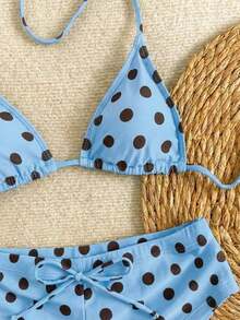 Nuevo conjunto de bikini con estampado de lunares sexy, espalda descubierta y lazo, con tirantes de espagueti para playa y piscina en vacaciones - Celeste - Ver 3