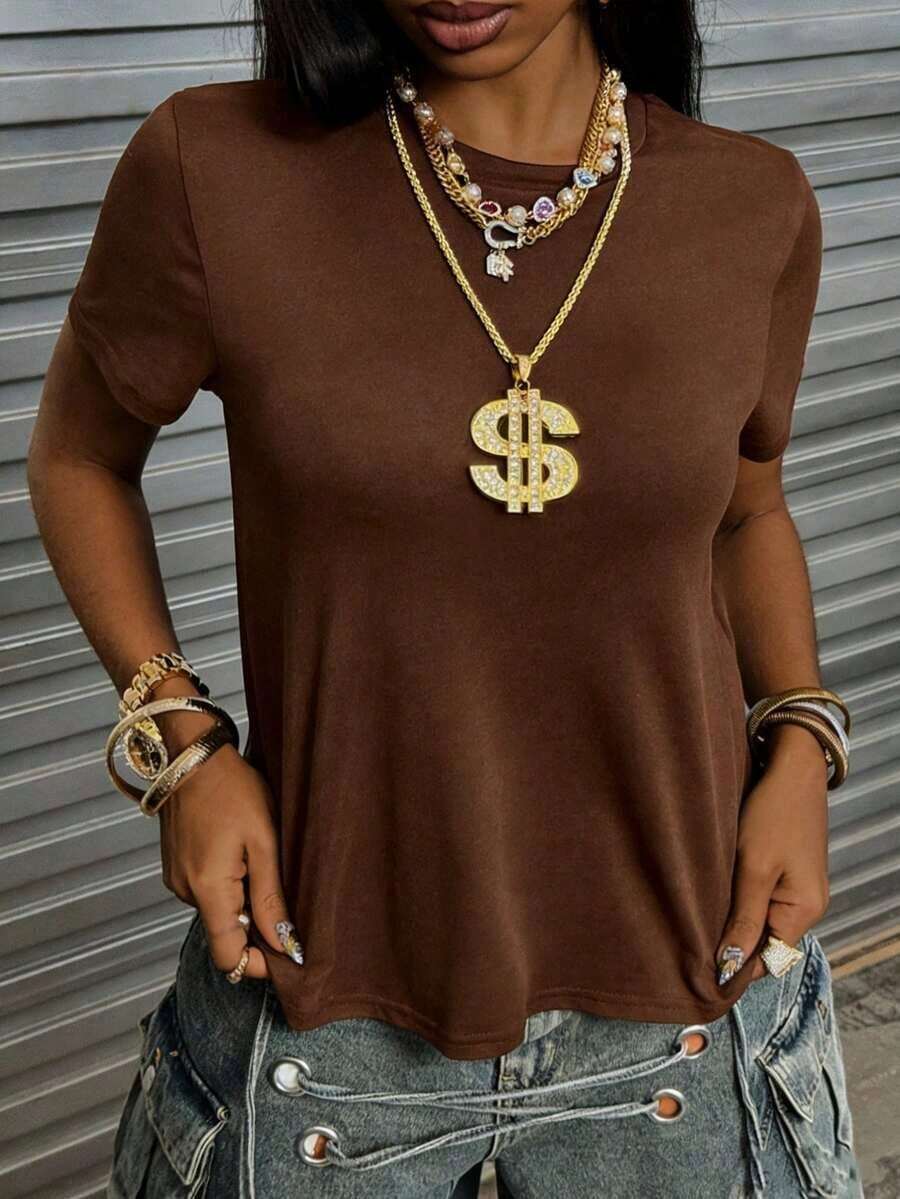 de verano para mujer de unicolor con cuello redondo sencillo y mangas cortas, para uso diario - Óxido marrón - Ver 1