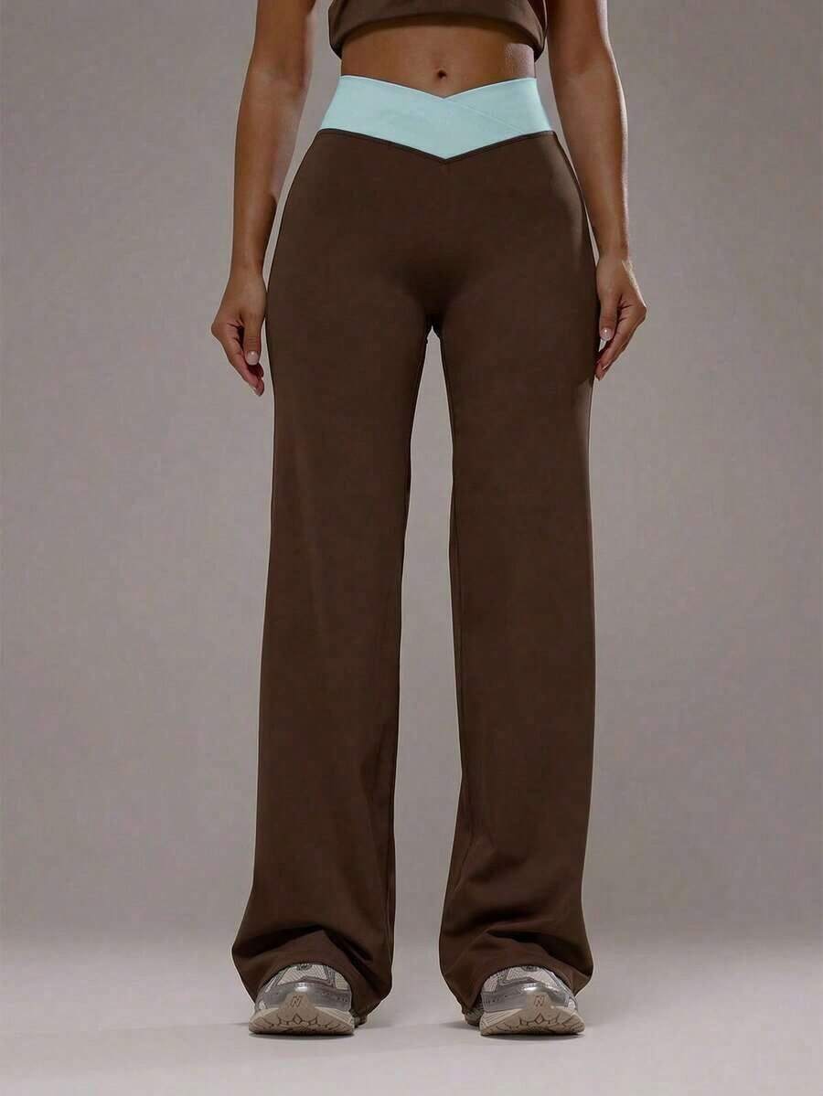 62YU Sport Pantalones de yoga con cintura cruzada y capas, conjunto deportivo solo para actividad, entrenamiento, gimnasio, pilates, fitness, uso diario casual, cuarzo ahumado, verano, vacaciones - Marrón Chocolate - Ver 1
