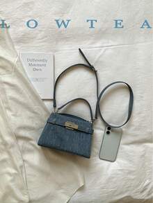 low tea New Summer Fashion Women's Handbag, Stylish Adjustable Shoulder Strap Decoration, Minimalist Solid Color High-End Metal Decor Commuter Shoulder Bag - Blue - View 4