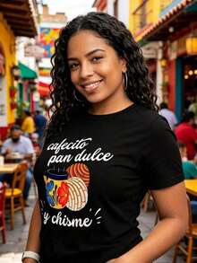 Playera de mujer con estampado gráfico de Orgullo Mexicano, Café, Pan Dulce y Chisme, negra, de manga corta, cuello redondo, estilo casual, con un vibrante diseño de desayuno, lavable a máquina, camiseta mexicana para uso diario casual. - Negro - Ver 6