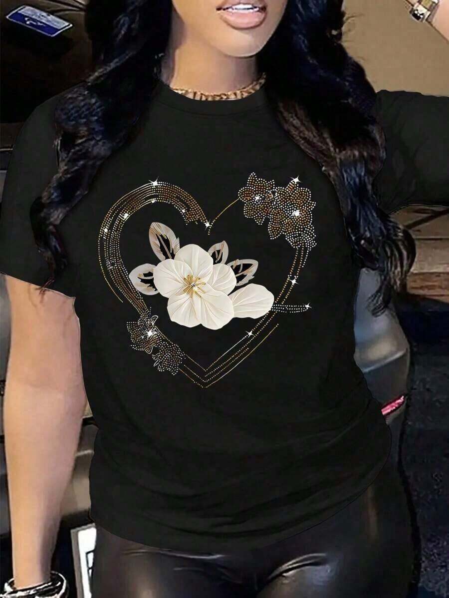 This High-Quality, Loose-Fitting Women's Crew Neck T-Shirt Features A Variety Of Prints, Including Lettering, Cartoon Hearts, And Small Animal Designs. It's Perfect For Everyday Casual Wear And Beach Outings. It's Also A Great Choice For Couples' Vacation Outfits. Made From 100% Pure Cotton, This 200-Gram Fabric Is Soft, Comfortable, And A Must-Have For Everyday Wear. - 黑色 - 查看 1
