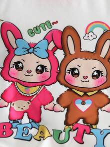 2pcs/Set Cute Cartoon Rabbit Print Short Sleeve T-Shirt And Shorts Set For Girls, Suitable For 4-7 Years Old, Summer Casual Wear - Hot Pink - View 5