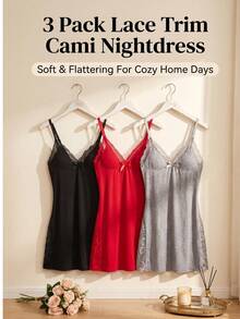 3pcs Solid Color Lace Patchwork Bow Decor Sleeveless Romantic Side Slit Camisole Nightgown - Multicolor - View 9