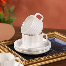 Italian Ceramic Coffee Cup & Saucer Set, Suitable For Cappuccino, Latte, Espresso And Turkish Coffee, Home Gathering, 3oz/90ml, Heat & Cold Resistant - E Type - View 4