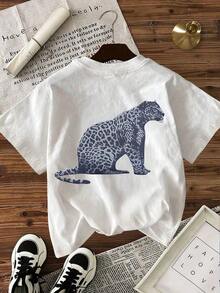 Women's Casual Short-Sleeved Round Neck T-Shirt With Leopard Print, For Summer - 白色 4 - 查看 6