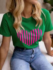 Camiseta Casual Versátil de Manga Corta con Cuello Redondo y Estampado de Corazones para Mujer, Primavera/Verano - Verde Oscuro - Ver 4