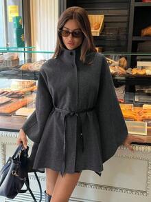 Abrigo de lana con cuello alto, mangas de murciélago, cintura ceñida para mujer en otoño/invierno - Gris 2 - Ver 1
