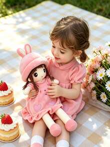 1pc 45cm/17.72in Cute Pink Rabbit Ear Plush Doll, Little Girl Stuffed Doll, Perfect Birthday Gift And Bedroom Decor - Pink - View 2