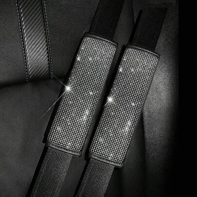 2pcs Shiny Rhinestone Leather Seatbelt Covers, Delicate Abrasion-Resistant Breathable, Shoulder Protection Relieves Driving Fatigue, Versatile For All Vehicle Models, High-Quality Car Interior Decor Accessories