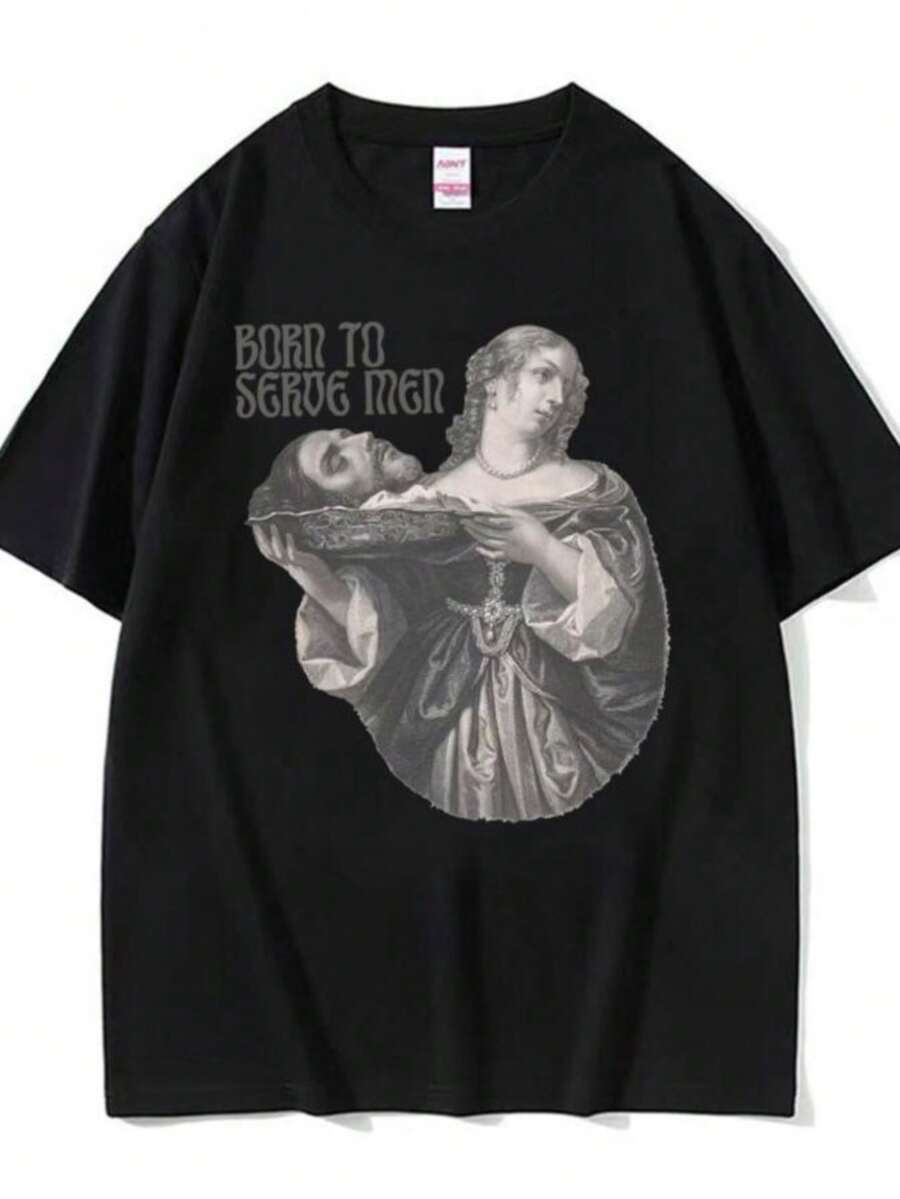 Women's T-Shirts Women Were Born To Serve Funny Meme T Shirt Renaissance Painting T-Shirt Casual Cotton Oversized Tees Streetwear - 黑色 - 查看 1