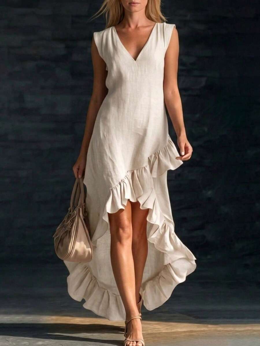New Romantic Sleeveless V-Neck Ruffled Cotton And Hemp Dress For Spring And Autumn 2026 - White - View 1