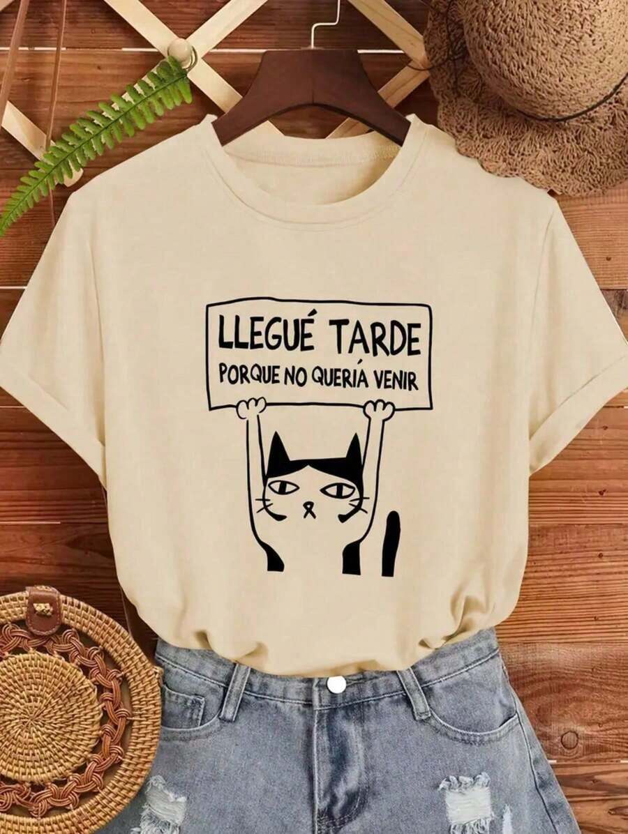 Playera estampada de letras y gatos, manga corta y cuello redondo, top casual para verano y primavera, ropa de mujerPure-Cotton - Albaricoque - Ver 1