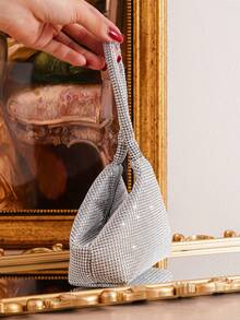 Bolso de mano mini con decoración de rhinestones, bolso de fiesta de forma única, bolso para lápiz labial, bolso pequeño y lindo a juego con vestido formal, bolso de mano de moda - Plateado - Ver 4