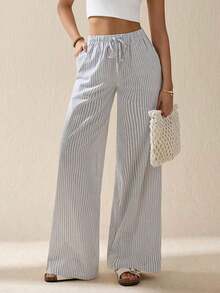 Tall Pantalones largos de mujer casuales de uso diario con estampado a rayas y estampados para primavera/verano - Blanco - Ver 12