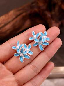 1 Pair Elegant Cute Minimalist Blue Flower & Pearl Design Earrings, Versatile For Daily, Holiday, Party Wear, Gift For Women - Multicolor - View 2