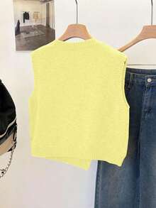1 pieza Chaleco sin mangas de punto de unicolor con cuello redondo corto, diseño asimétrico con botones, accesorio de moda, chaleco versátil de punto para el verano - Amarillo claro - Ver 2