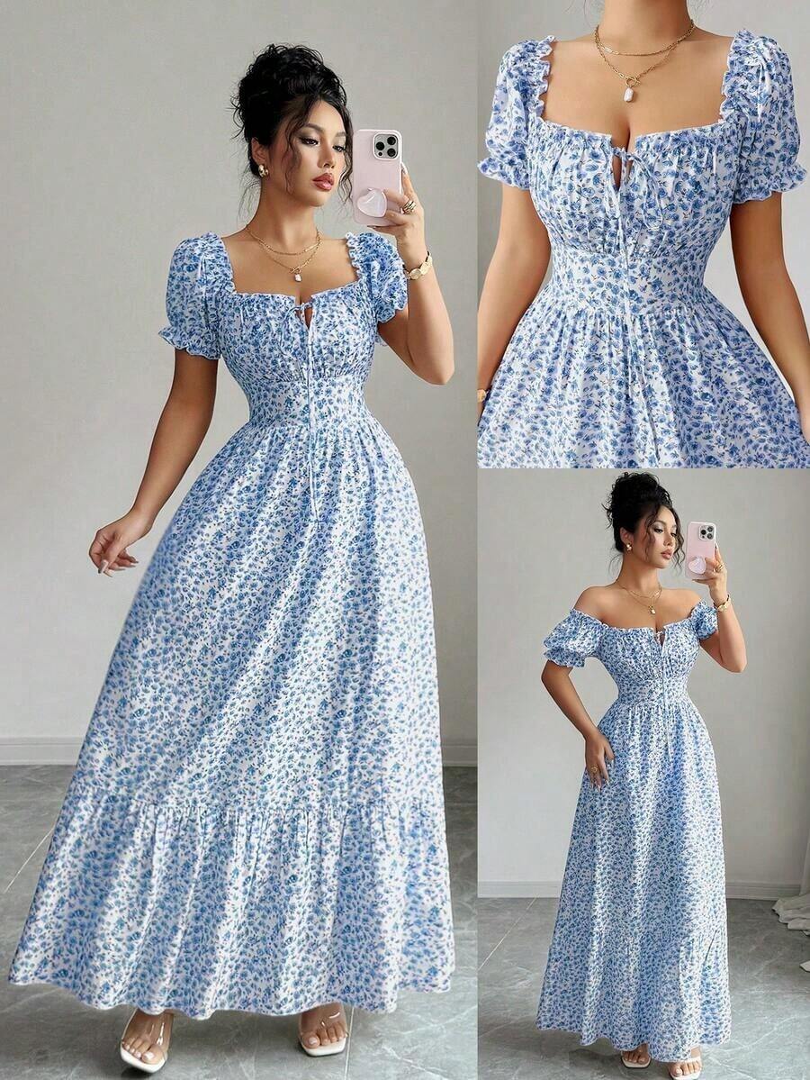 vestido de mujer con estampado digital, mangas abullonadas, nudo delantero, espalda descubierta y cintura ceñida.Elegante y chic para vacaciones, citas, estilizador y adelgazante - Azul - Ver 1