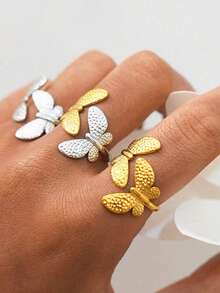 Uself Bộ 3 chiếc/1 chiếc nhẫn hở điều chỉnh được hình bướm tối giản bằng thép không gỉ, mạ vàng 18K, chống thấm nước, trang sức cao cấp, thích hợp cho kỳ nghỉ và các dịp khác, nhẫn nữ, trang sức nữ, thương hiệu nữ, phụ kiện nữ - Nhiều màu - Xem 2