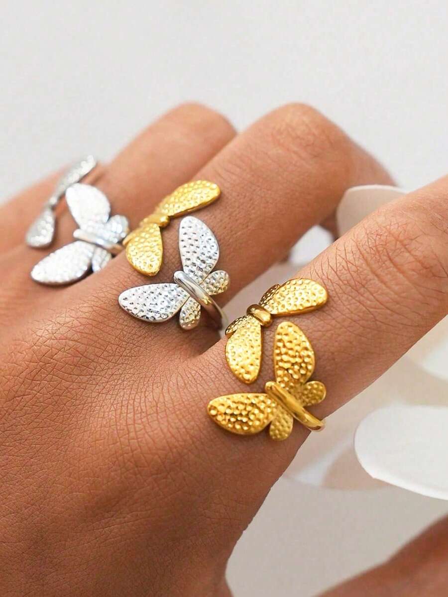 Uself Bộ 3 chiếc/1 chiếc nhẫn hở điều chỉnh được hình bướm tối giản bằng thép không gỉ, mạ vàng 18K, chống thấm nước, trang sức cao cấp, thích hợp cho kỳ nghỉ và các dịp khác, nhẫn nữ, trang sức nữ, thương hiệu nữ, phụ kiện nữ