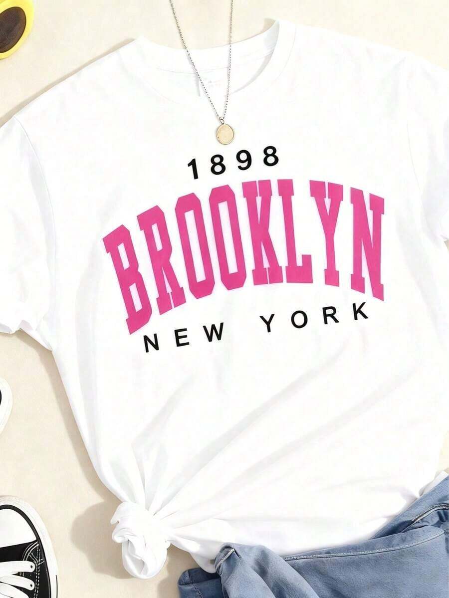 Nueva camiseta de mujer, de manga corta y cuello redondo, 100% algodón, corte holgado, casual y versátil, con estampados modernos, es una prenda básica ideal. - Blanco - Ver 1