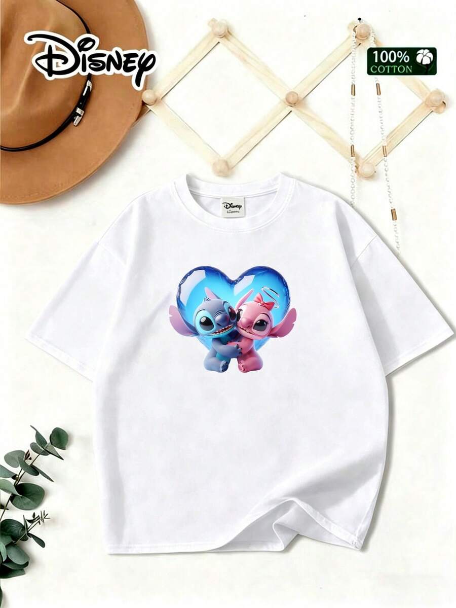 [Disney] Women's T-Shirt, Men's And Women's Short Sleeve, Featuring The "Disney 'Star Baby' Stickers And Angel" Pattern, 100% Pure Cotton, Comfortable And Breathable, Suitable For Summer Leisure, Vacation, Play, Daily Wear, Suitable For Both Men And Women, Cartoon Print T-Shirt - 白色 - 查看 1