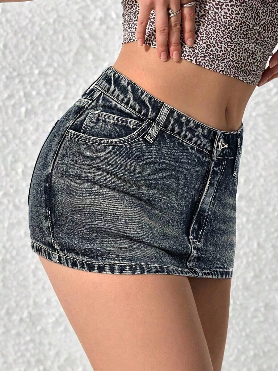 Falda vaquera corta casual de mujer con decoración de bolsillo y silueta ajustada - Azul 3 - Ver 1