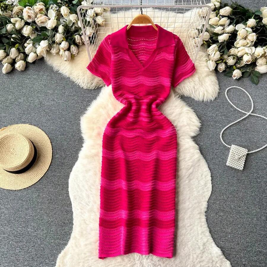 Vestido largo a rayas de manga corta con cuello de solapa, diseño calado, ajustado al cuerpo, vestido de verano de punto, estilo moderno y atractivo, vestido midi de playa. - Negro - Ver 1