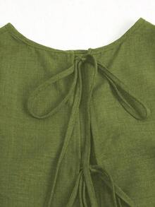 Conjunto casual de vacaciones para mujer, blusa con cuello redondo y estampado teñido anudado en la espalda, combinada con shorts estampados, para /verano - Verde - Ver 7