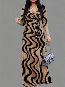 2026 Vestido azul ligero de mujer con cuello en V y cintura ceñida, elegante para primavera/verano - Bronce - Ver 3