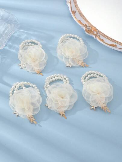 Bộ 5/1 bó hoa cài cổ tay bằng vải organza trắng thanh lịch, phụ kiện cưới vượt thời gian dành cho phù dâu.