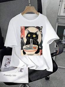 1 pieza de camiseta de manga corta para niñas con estampado de gato de dibujos animados y ramen, para verano, 210g, 100% algodón, los diseños están completamente impresos. Unisexo. - Blanco - Ver 12