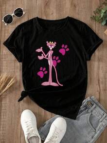 Playera para mujer estilo urbano creativo estampado Pantera Rosa huellas tela suave color sólido holgada cuello redondo manga corta primavera verano uso diario camiseta 2VLT - Negro - Ver 3