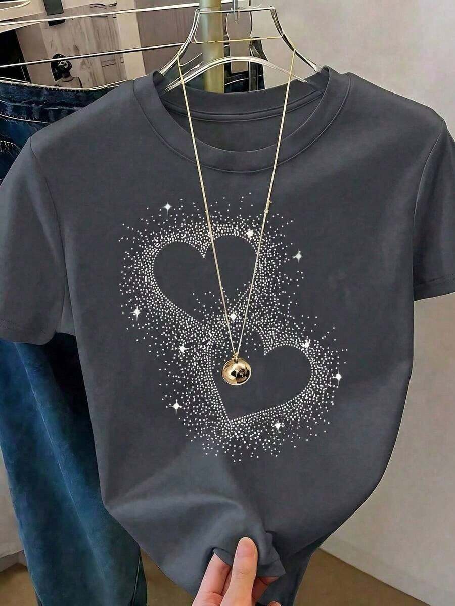 Camiseta Casual Negra de Manga Corta para Mujer con Diseño de Corazón de Lentejuelas, Cuello Redondo, Corte Regular, Top de Poliéster, playeras de mujer algodon