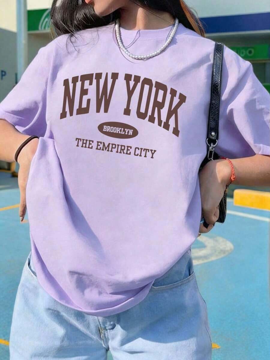 Women's Loose-Fitting Summer T-Shirt With Letter Print, Casual And Versatile For Everyday Wear. Graphic Tee, Perfect For Vacations. - 紫色 - 查看 1