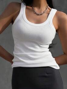 Solid Ribbed Knit Tank Top Y2k - 白色 2 - 查看 6