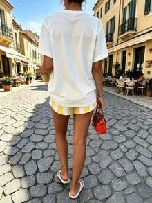2pcs Women Printed Short Sleeve Top + Elastic Waist Shorts Pajama Set - White - View 6