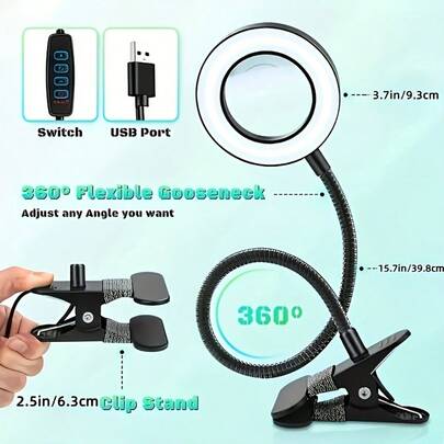 Lámpara de lectura LED USB con cuidado ocular, lupa ajustable 10X de 3 modos de color, diseño flexible de cuello de cisne de 360°, adecuada para computadora de escritorio, lectura en la mesita de noche, trabajo o manualidades, iluminación y lupa multifuncional moderna, decoración navideña 2026, decoración de Halloween, decoración navideña para el hogar, decoración de habitaciones, artículos del hogar, cocina