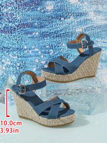 Plus Size Women's Denim Wedge Sandals, European And American Style Thick Sole Casual Sandals For Spring And Summer - Blue - View 9