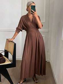Vestido midi casual de mujer con cuello en V, unicolor, vestido de verano de otoño - Caqui - Ver 4