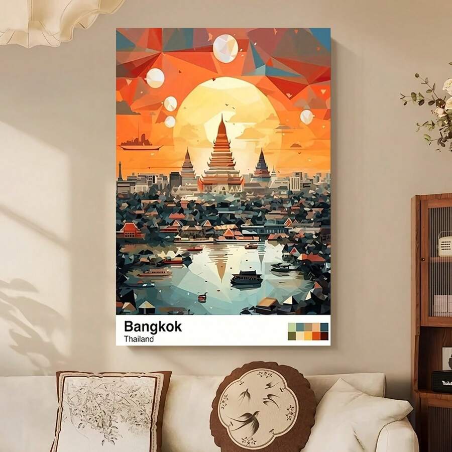 Enmarcado 1 lámina de arte geométrico con puesta de sol en Bangkok - Decoración de pared moderna y minimalista en lienzo con el río Chao Phraya y Wat Arun, pintura de paisaje urbano en vibrantes tonos naranjas y dorados para sala de estar, dormitorio u oficina - Uso interior/exterior, fácil instalación con gancho - Enmarcado - Ver 1