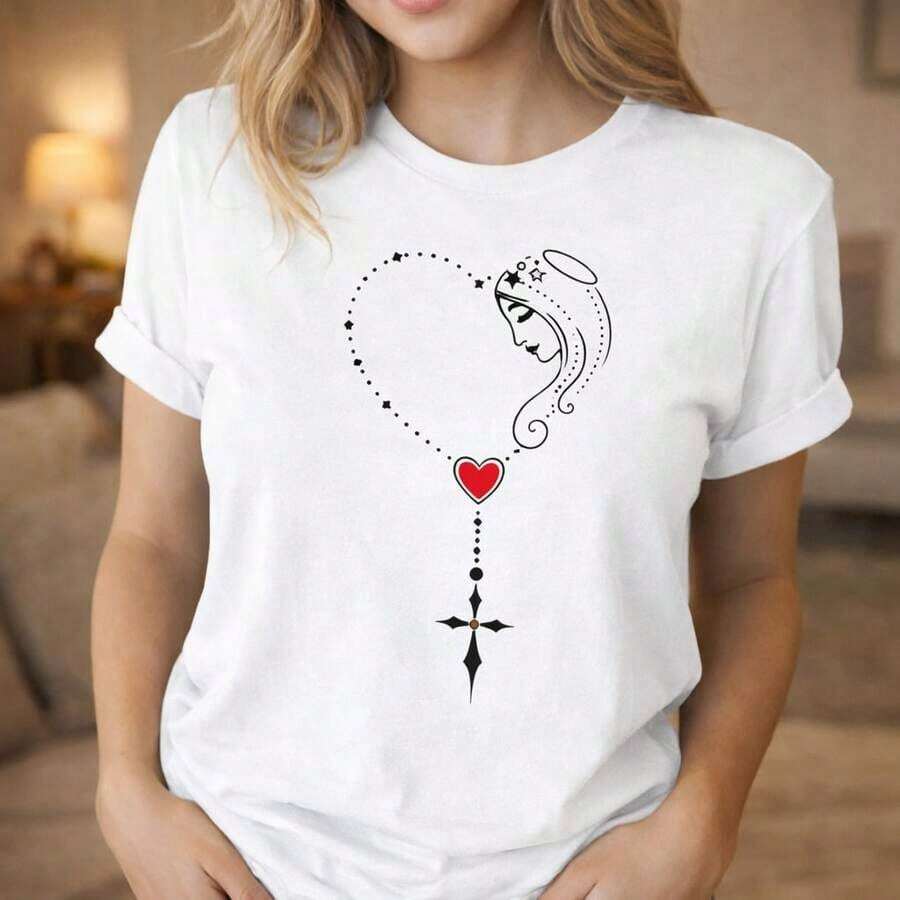 Unisex Pure Cotton T-Shirt For Women With Religious Design Of The Rosary Of The Heart Of The Virgin Mary, Black Christian Spiritual T-Shirt For Men And Women, Short Sleeve Printed T-Shirt, Casual And Elegant For Women. - 白色 - 查看 1